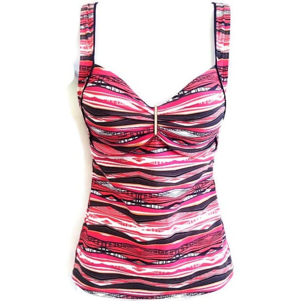 Captiva By Christina Tankini Swim Top Bra Pink Black White Abstract Stripe S